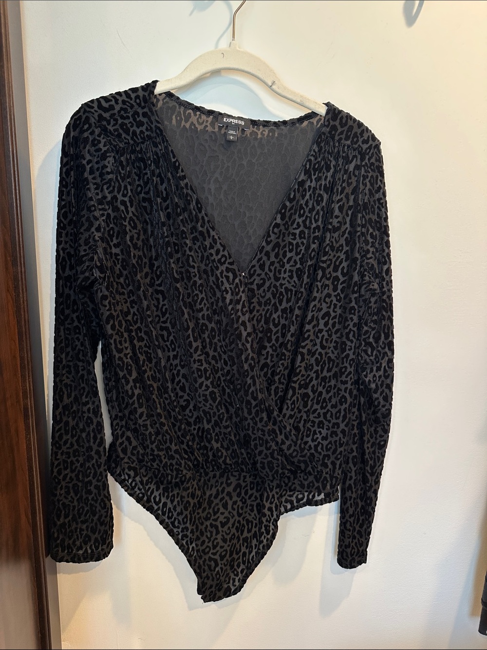 Express Black Leopard-Print Surplice Velvet Burnout Bodysuit